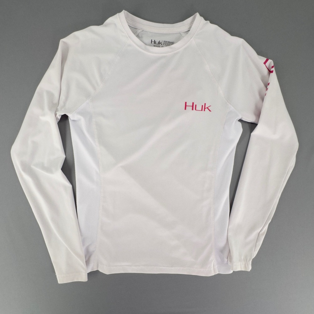 Huk Performance Fishing Shirt Womens XS White Long Sleeve Pink Graphic Mesh Sun